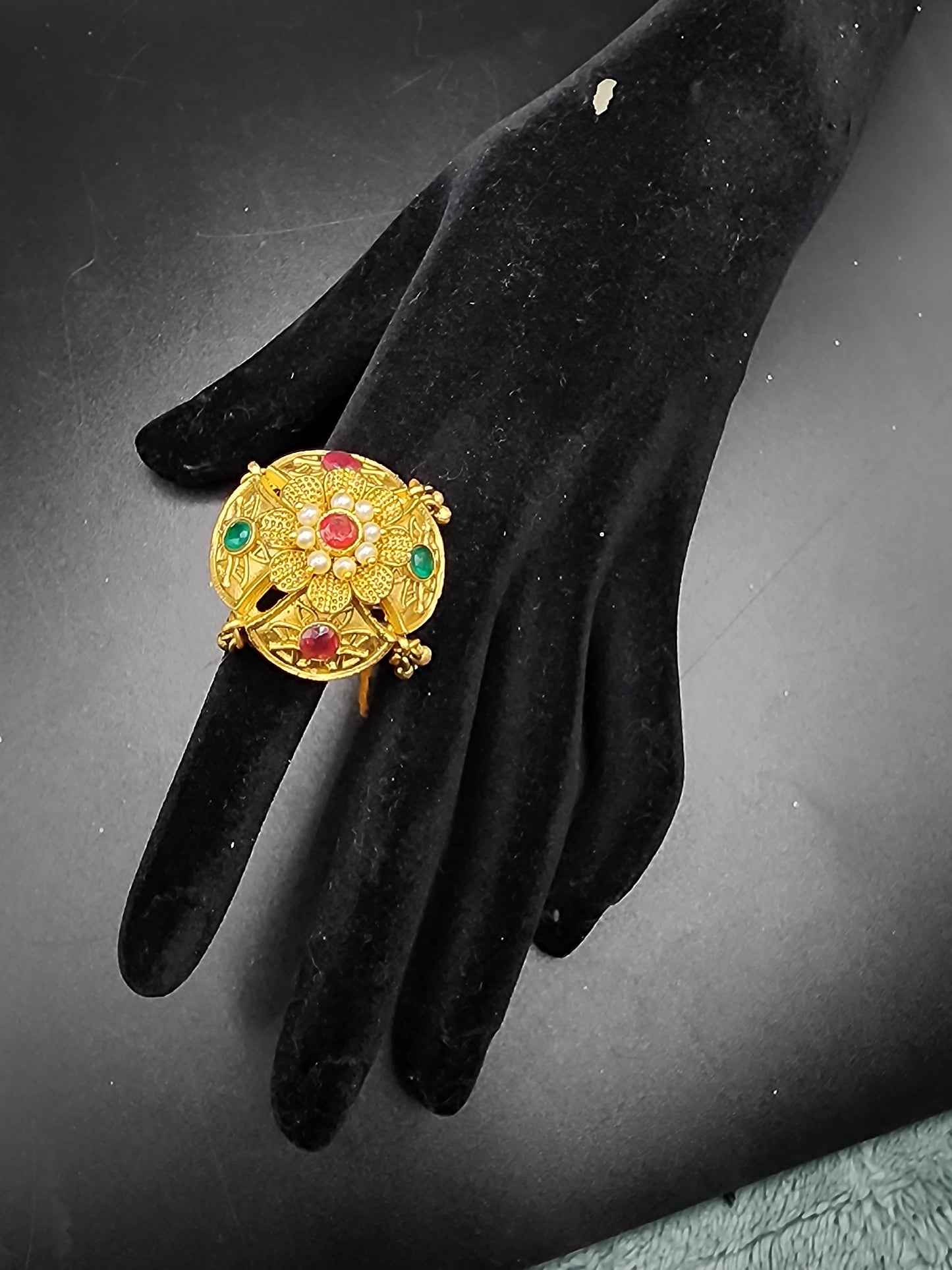 PSK ELEGANCE Antique Gold Floral Statement Ring | Multicolor Stone Traditional Adjustable Ring for Women