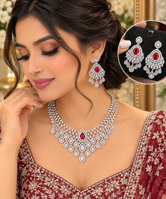 Pink Teardrop Kundan-Style Necklace Set with Matching Chandelier Earrings