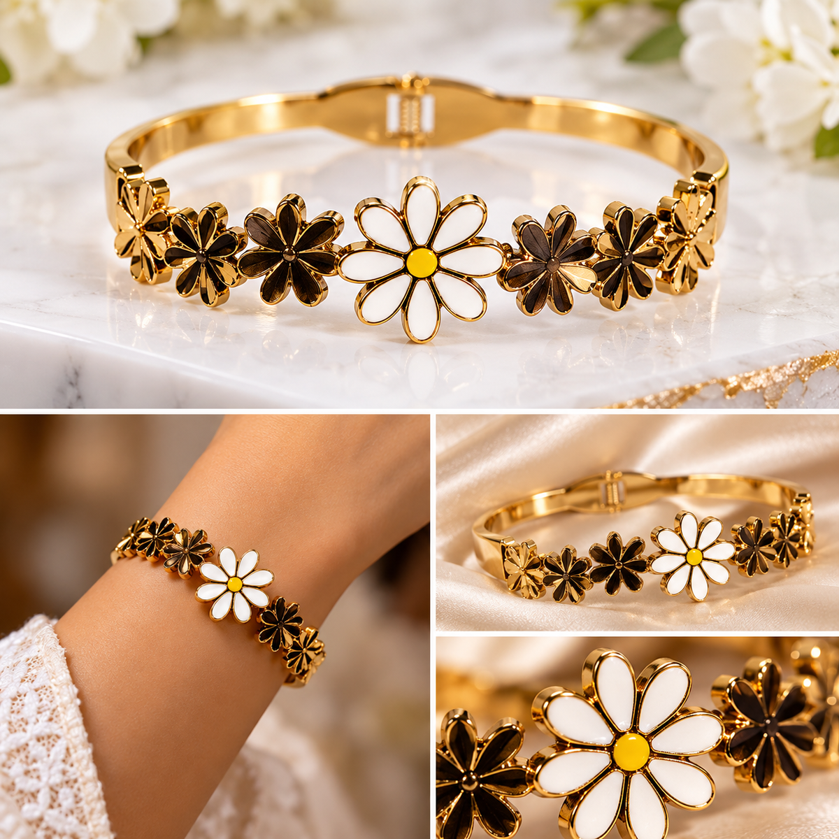 Gold-Tone Daisy Floral Cuff Bracelet with White Enamel Flowers