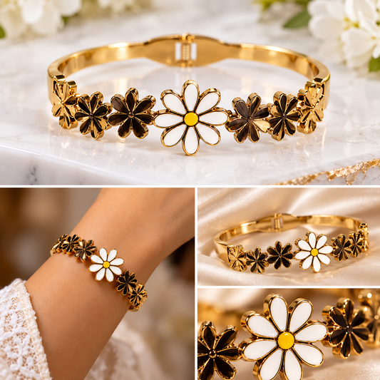 Gold-Tone Daisy Floral Cuff Bracelet with White Enamel Flowers