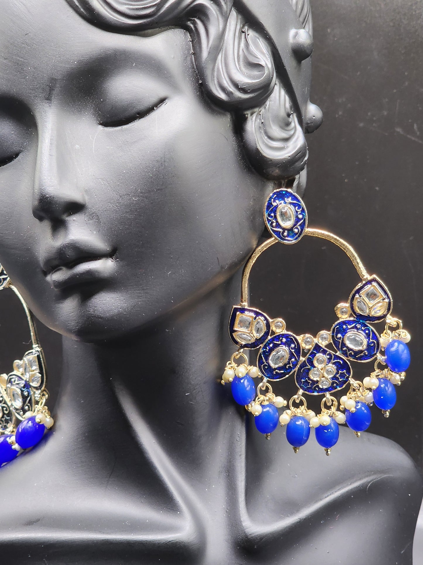 Royal Blue Meenakari Statement Hoop Earrings with Beaded Drops – Regal Luxe