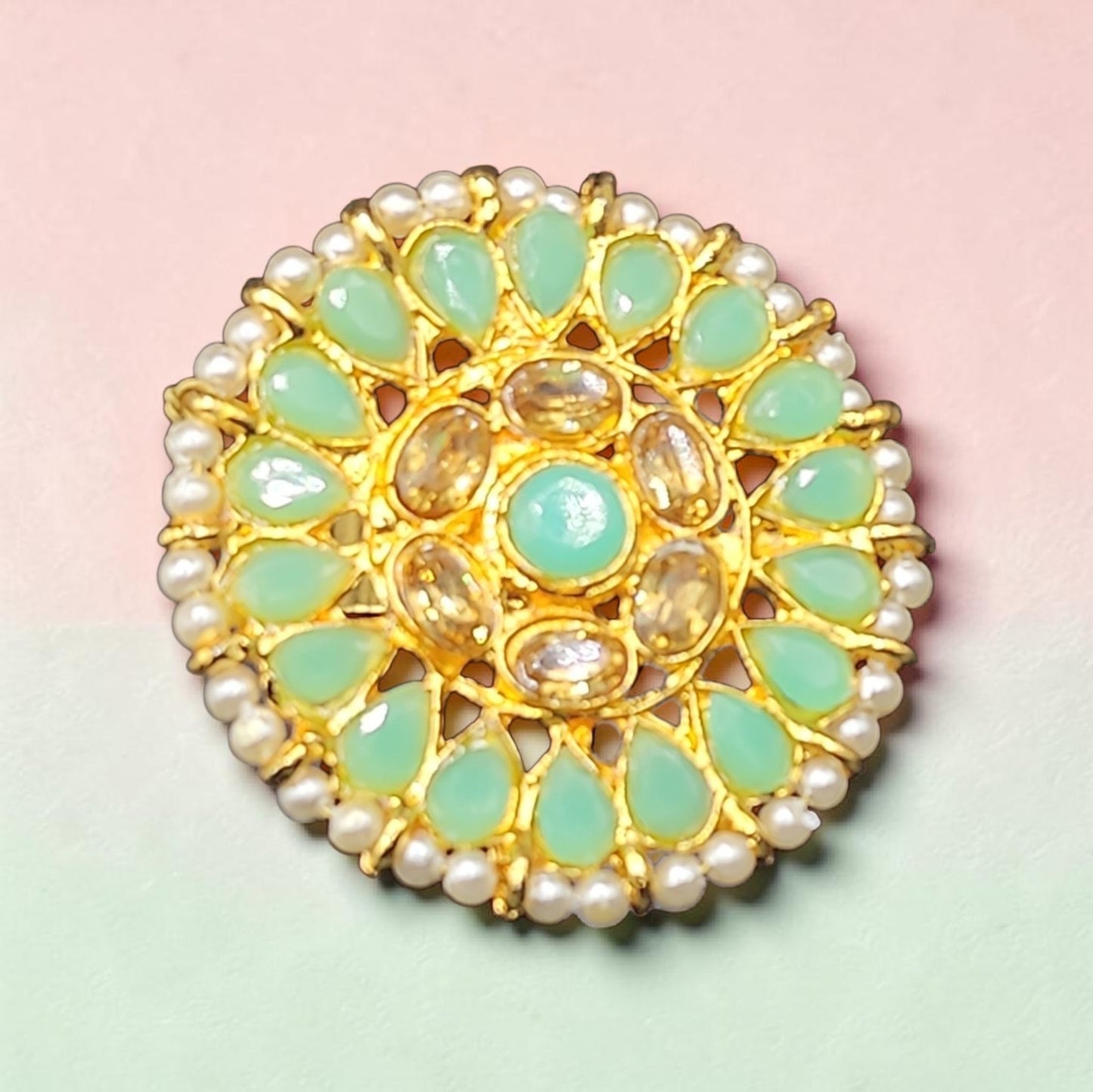 Mint Green Kundan Statement Ring | Gold Pearl Halo Floral Ring