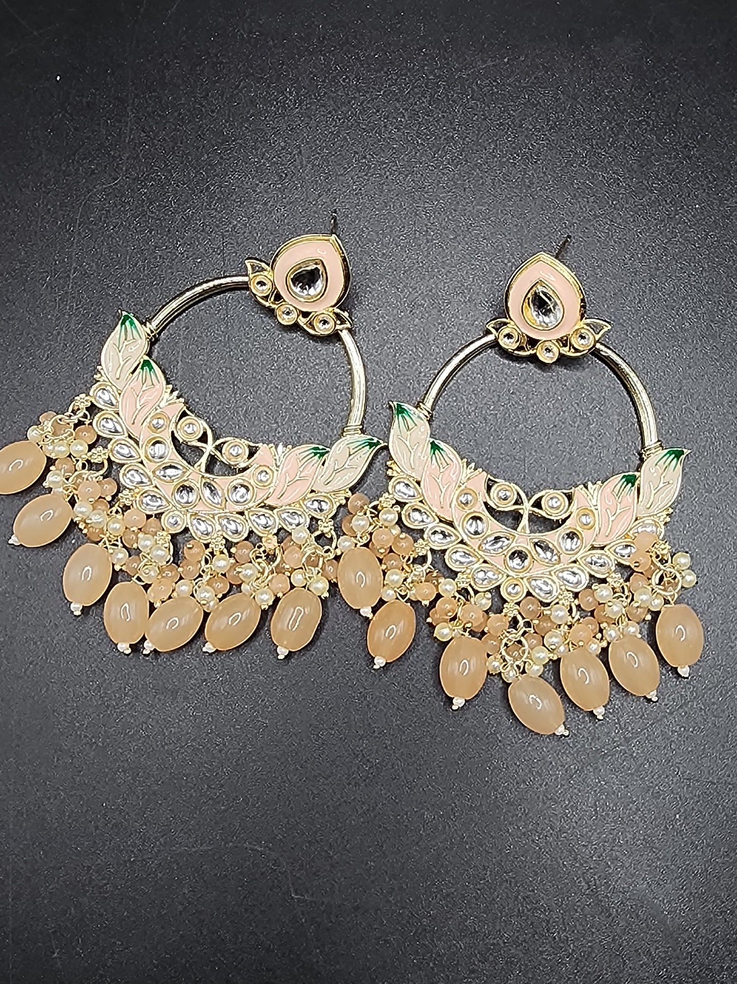 Peach Kundan Chandbali Earrings with Pearl Drops
