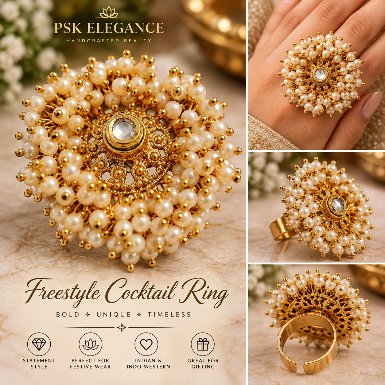 Freestyle Pearl & Gold Cocktail Ring