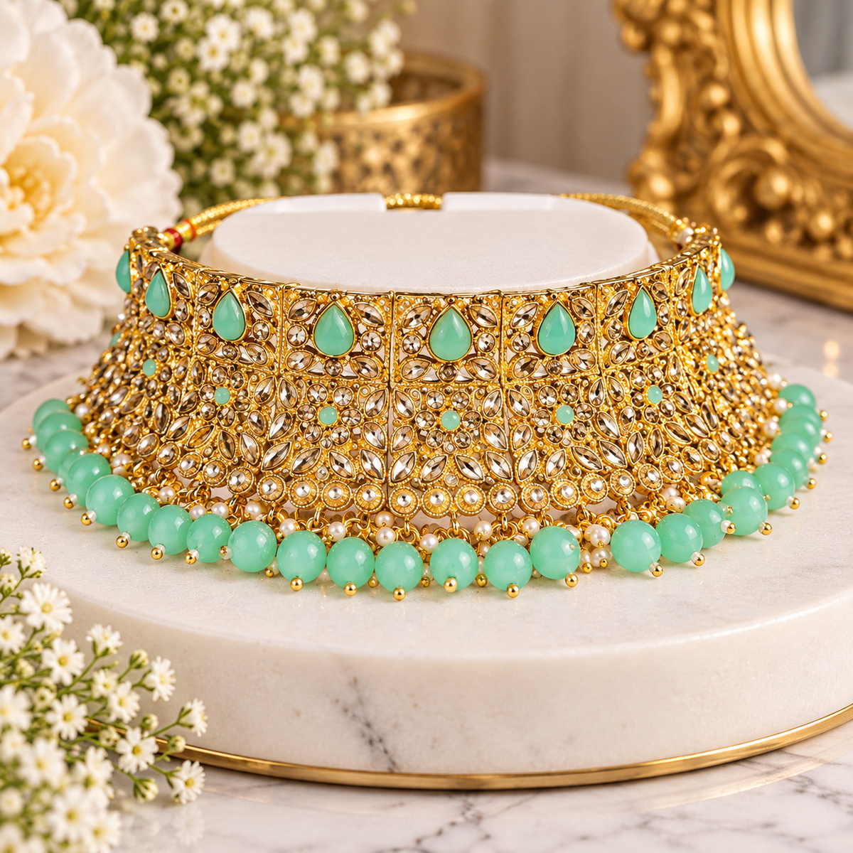Mint Green Kundan Choker Necklace with Gold Filigree & Beaded Border
