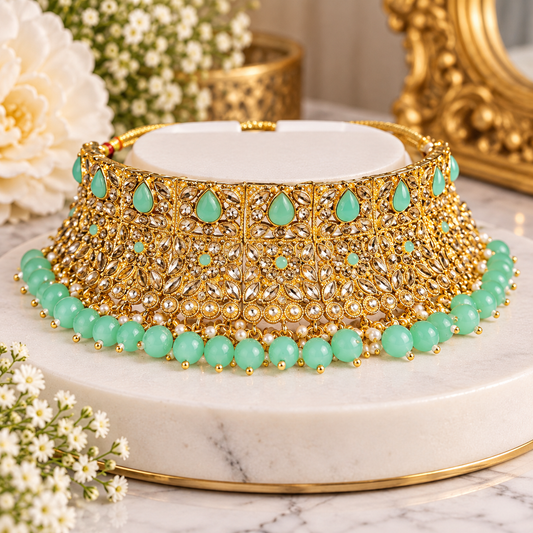 Mint Green Kundan Choker Necklace with Gold Filigree & Beaded Border