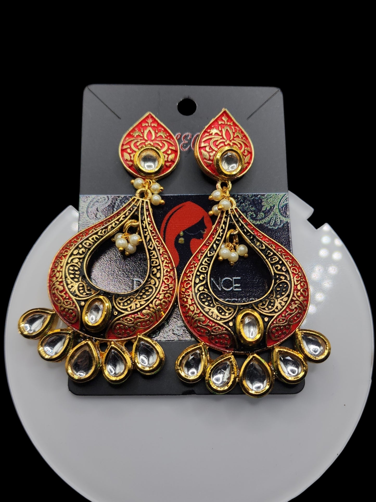 PSK ELEGANCE Red & Gold Kundan Chandbali Earrings with Pearl Drops | Traditional Indian Statement Jewelry
