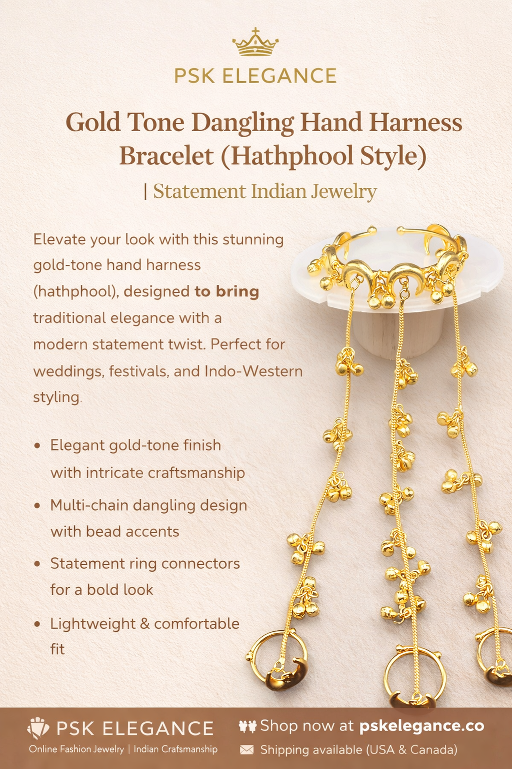 PSK ELEGANCE Gold Tone Statement Hand Harness (Hathphool Style) ✨