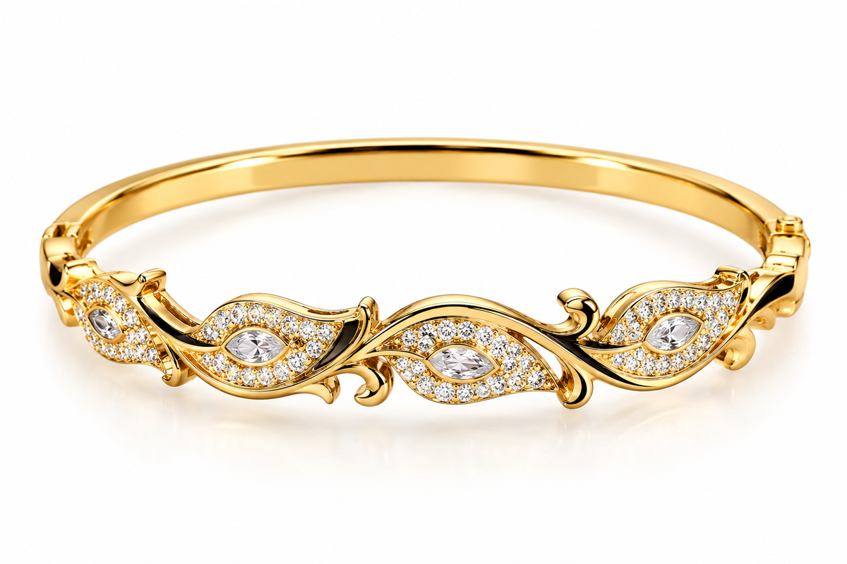 Gold-Tone Crystal Leaf Bangle Bracelet – Elegant Floral Vine Design