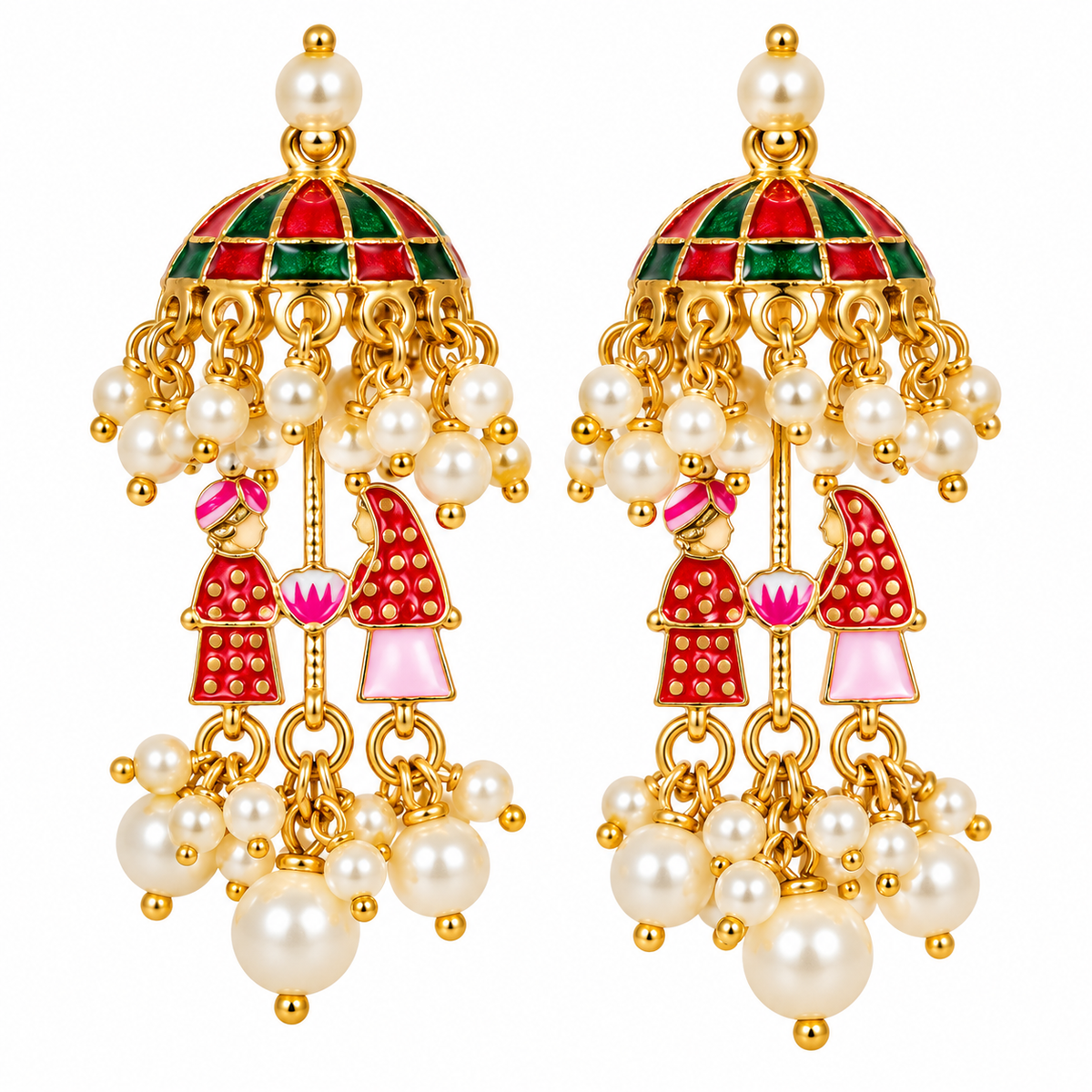 Multicolor Enamel Jhumka Earrings with Pearl Drops