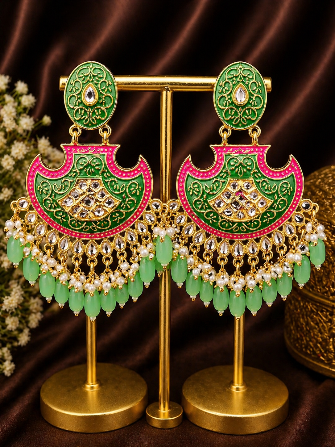 Green Pink Meenakari Chandbali Earrings | Pearl Bead Indian Statement Earrings