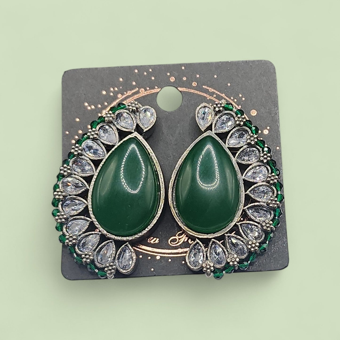 PSK ELEGANCE Emerald Green Teardrop Statement Earrings | Crystal Halo Indo-Western Luxury Jewelry