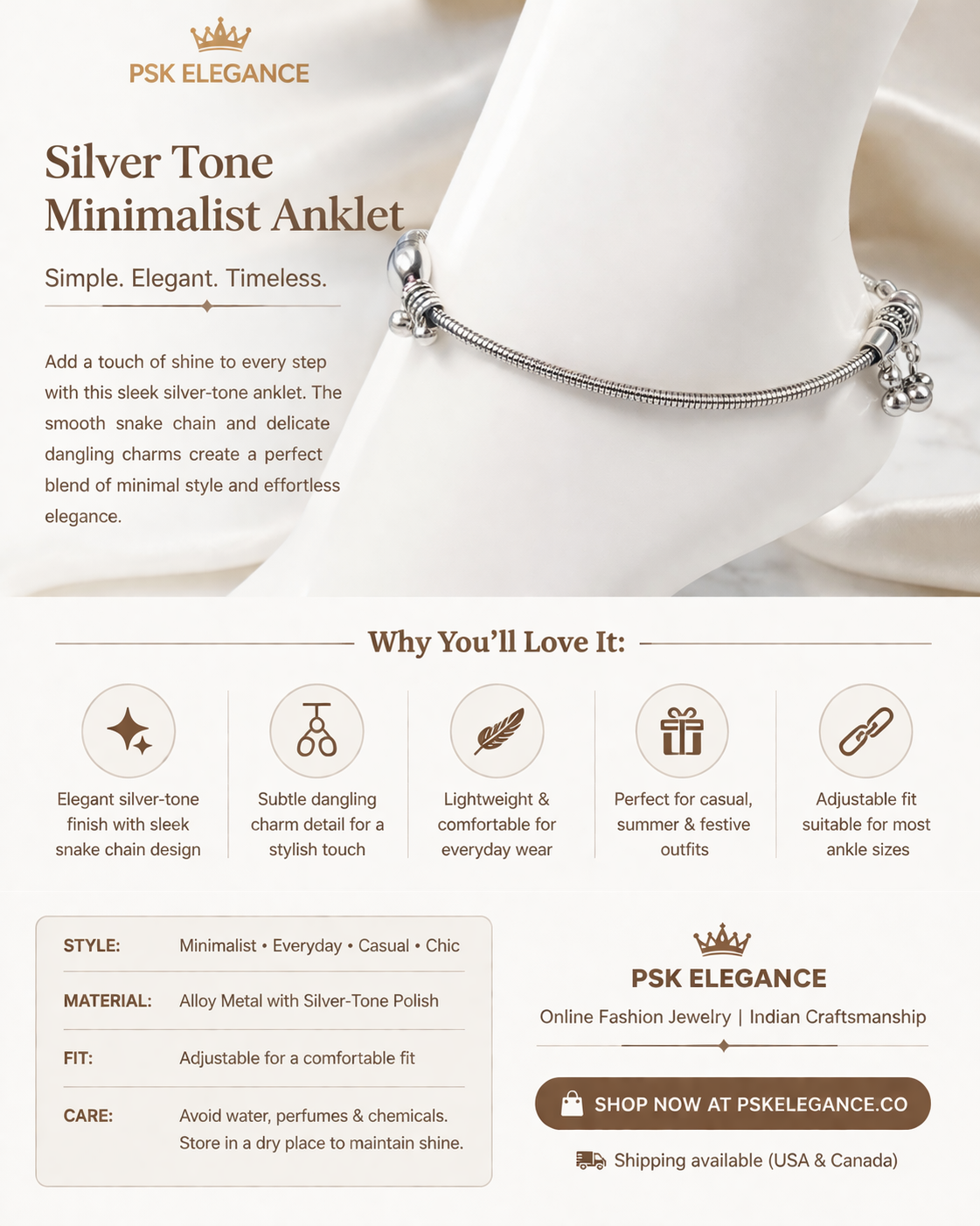 Silver Tone Snake Chain Anklet with Dangling Charms | Minimalist Everyday Jewelry
