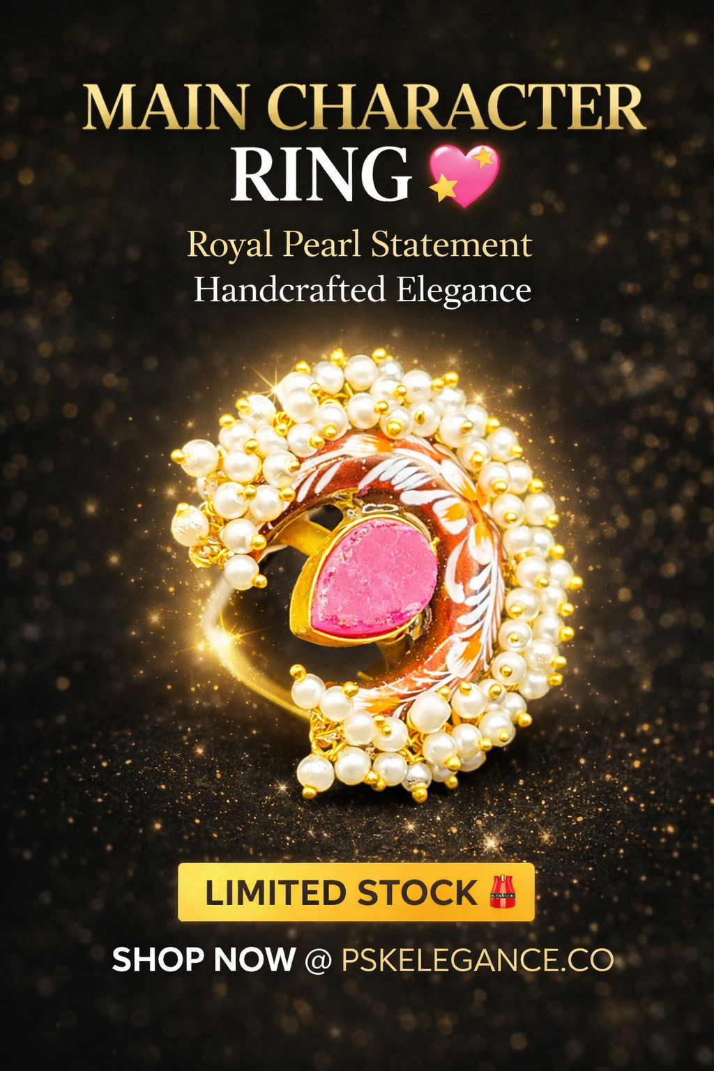 PSK ELEGANCE Pink Stone Statement Ring with Pearl Detailing | Handcrafted Enamel Gold-Tone Adjustable Cocktail Ring
