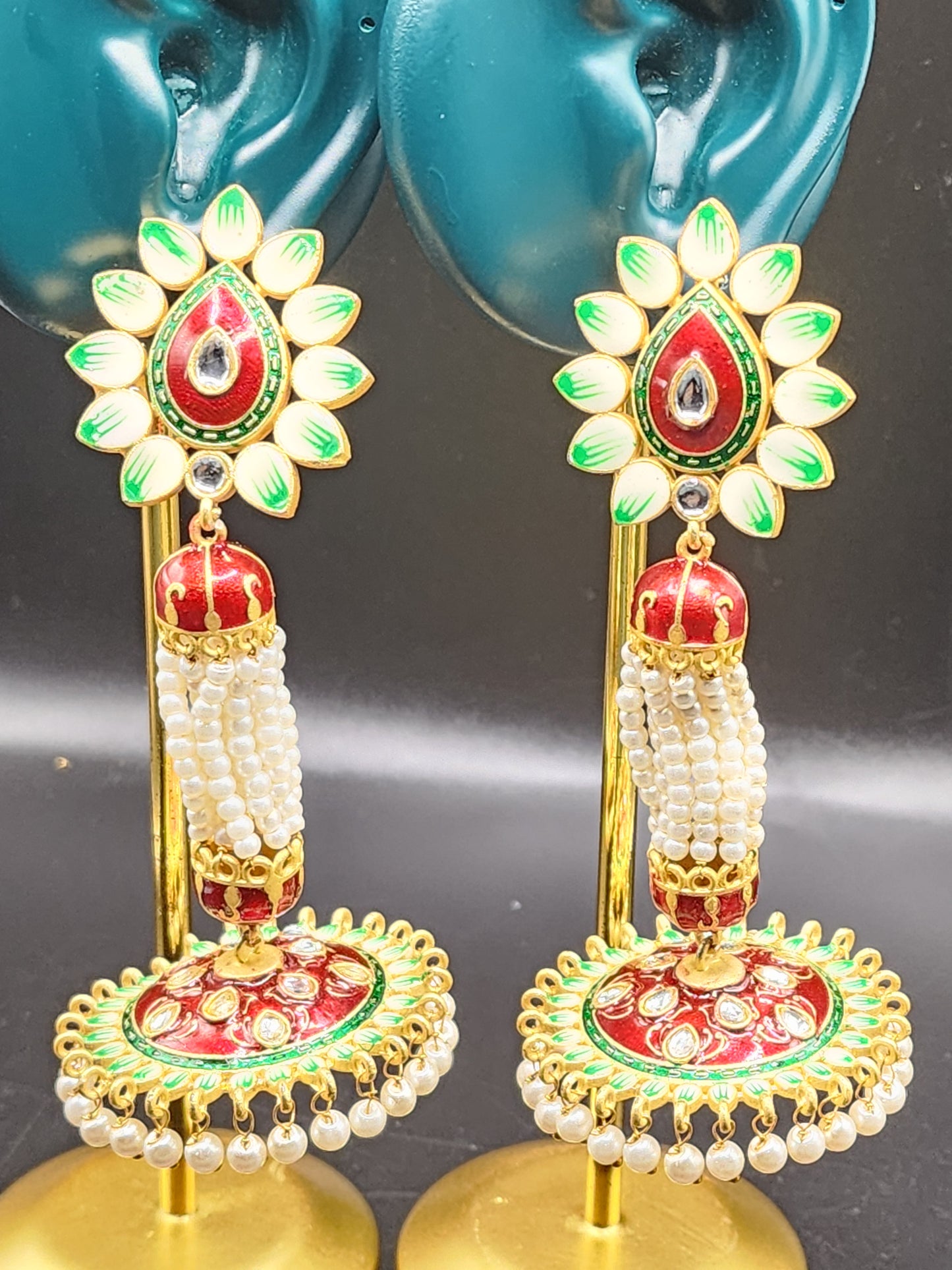PSK ELEGANCE Red & Green Meenakari Jhumka Earrings | Floral Pearl Drop Traditional Statement Jewelry