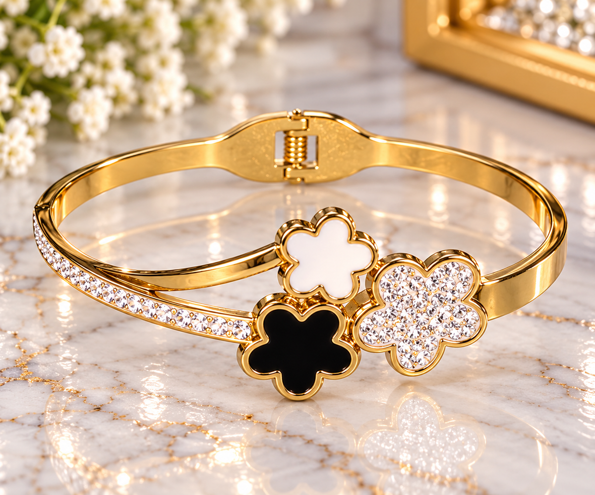 Gold-Tone Three-Flower Crystal Hinged Bangle Bracelet