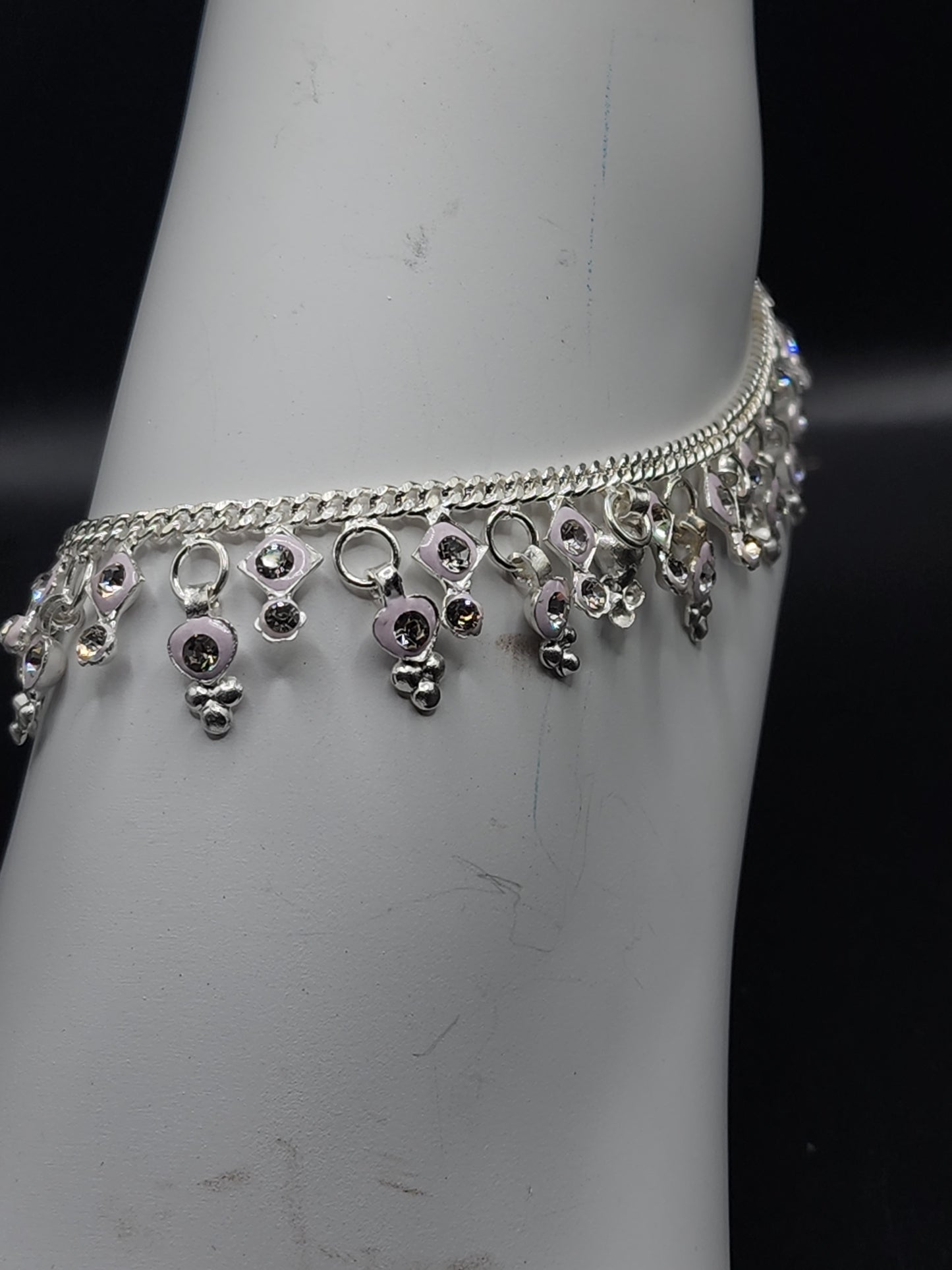 Silver Charm Anklet with Crystal Drops – Elegant Dangling Payal