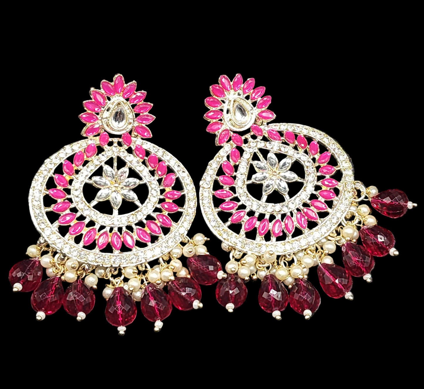 Hot Pink Floral Chandbali Earrings with Crystal Drops – Statement Luxe