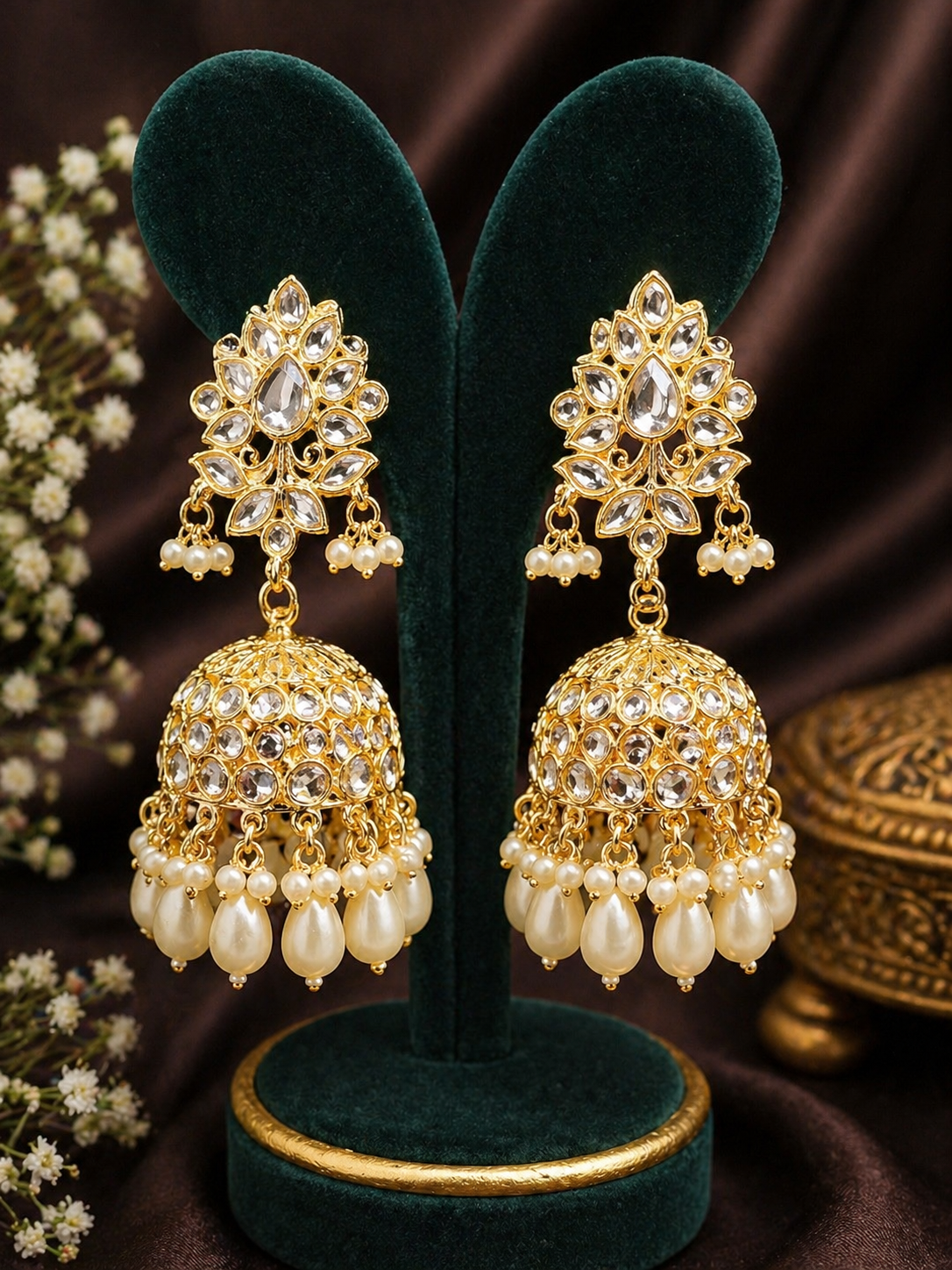Gold Kundan Pearl Jhumka Earrings | Indian Bridal & Festive Statement Earrings