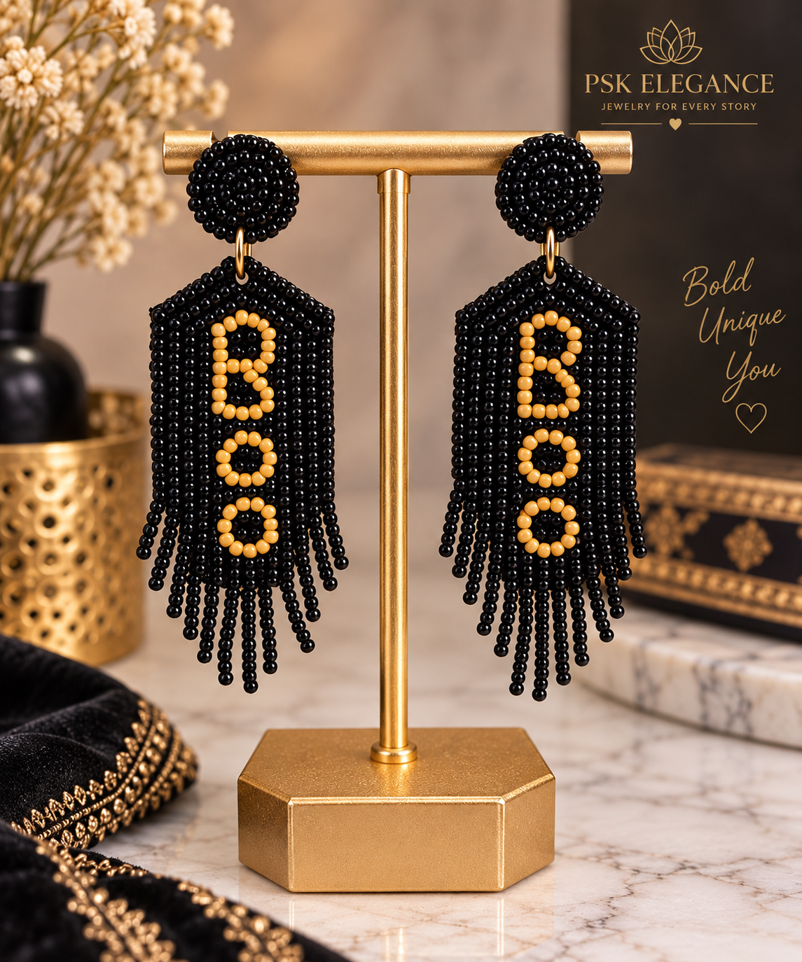 Black & orange “BOO” Beaded Statement Earrings