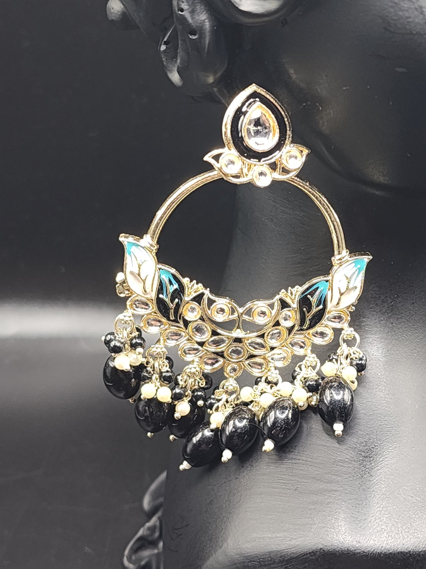 Black & Teal Meenakari Statement Hoop Earrings with Pearl Drops – Luxe Edition
