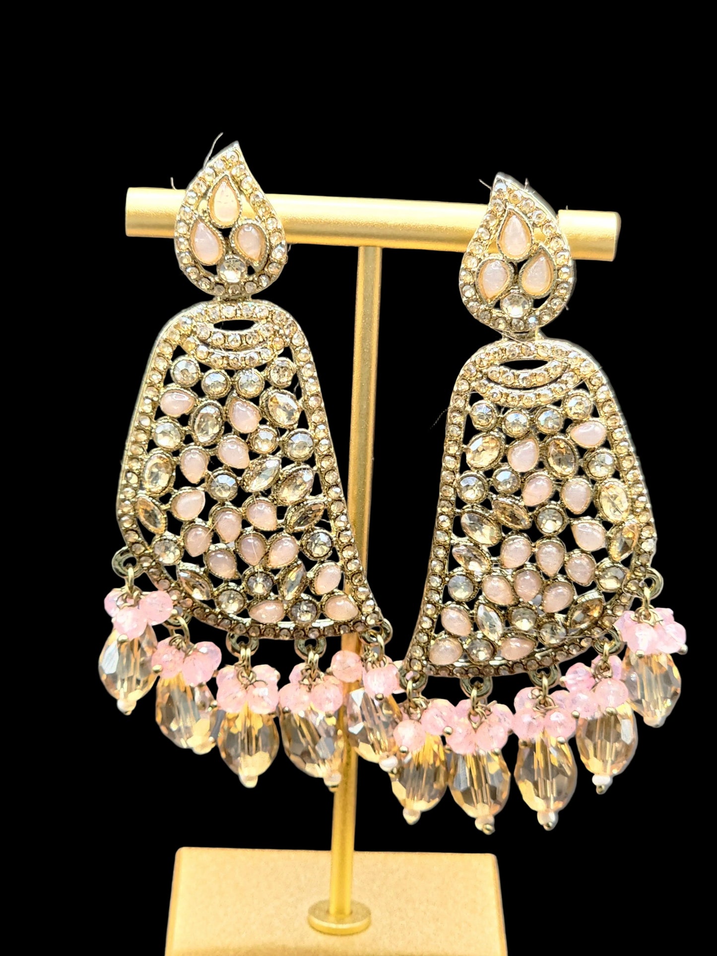 Blush Pink Kundan Statement Earrings with Crystal Drops – Romantic Luxe