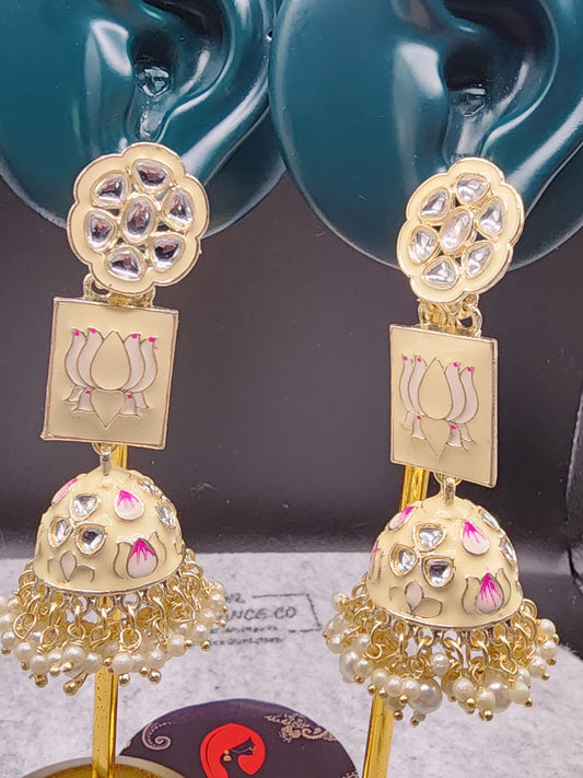 Cream Lotus Kundan Jhumka Earrings | Pearl Drop Indian Statement Earrings