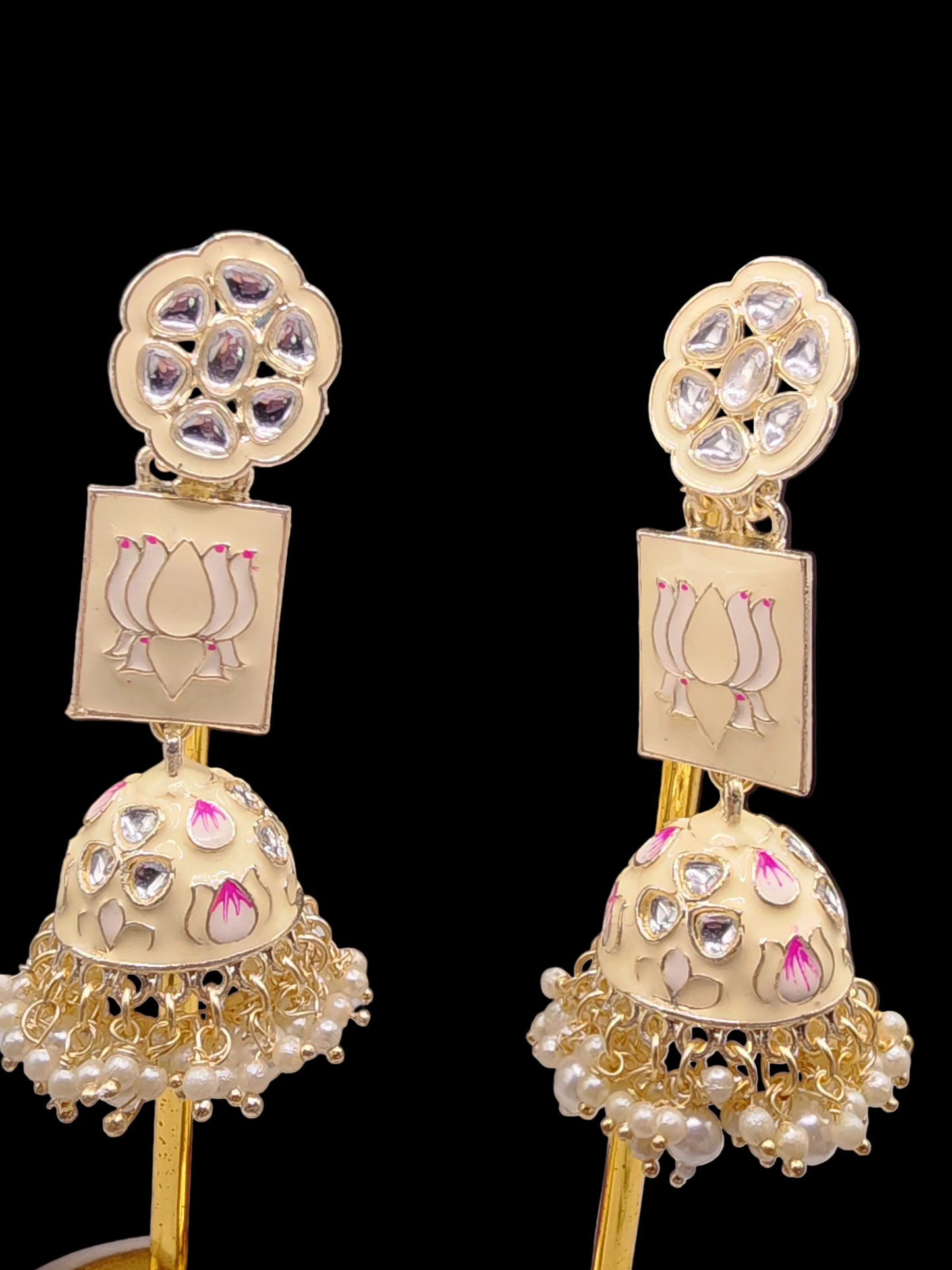 Cream Lotus Kundan Jhumka Earrings | Pearl Drop Indian Statement Earrings