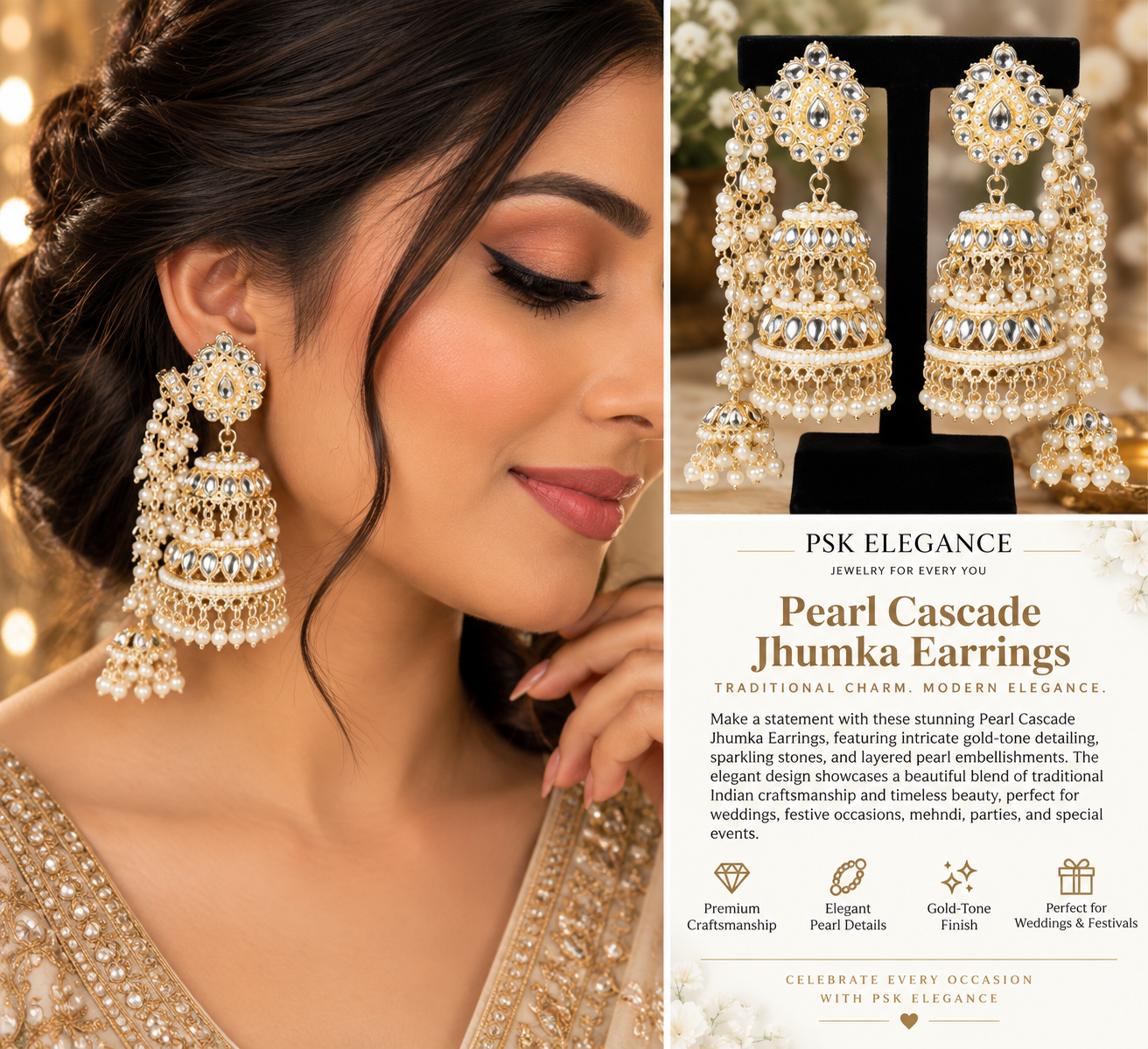 Pearl & Kundan Statement Jhumka Earrings