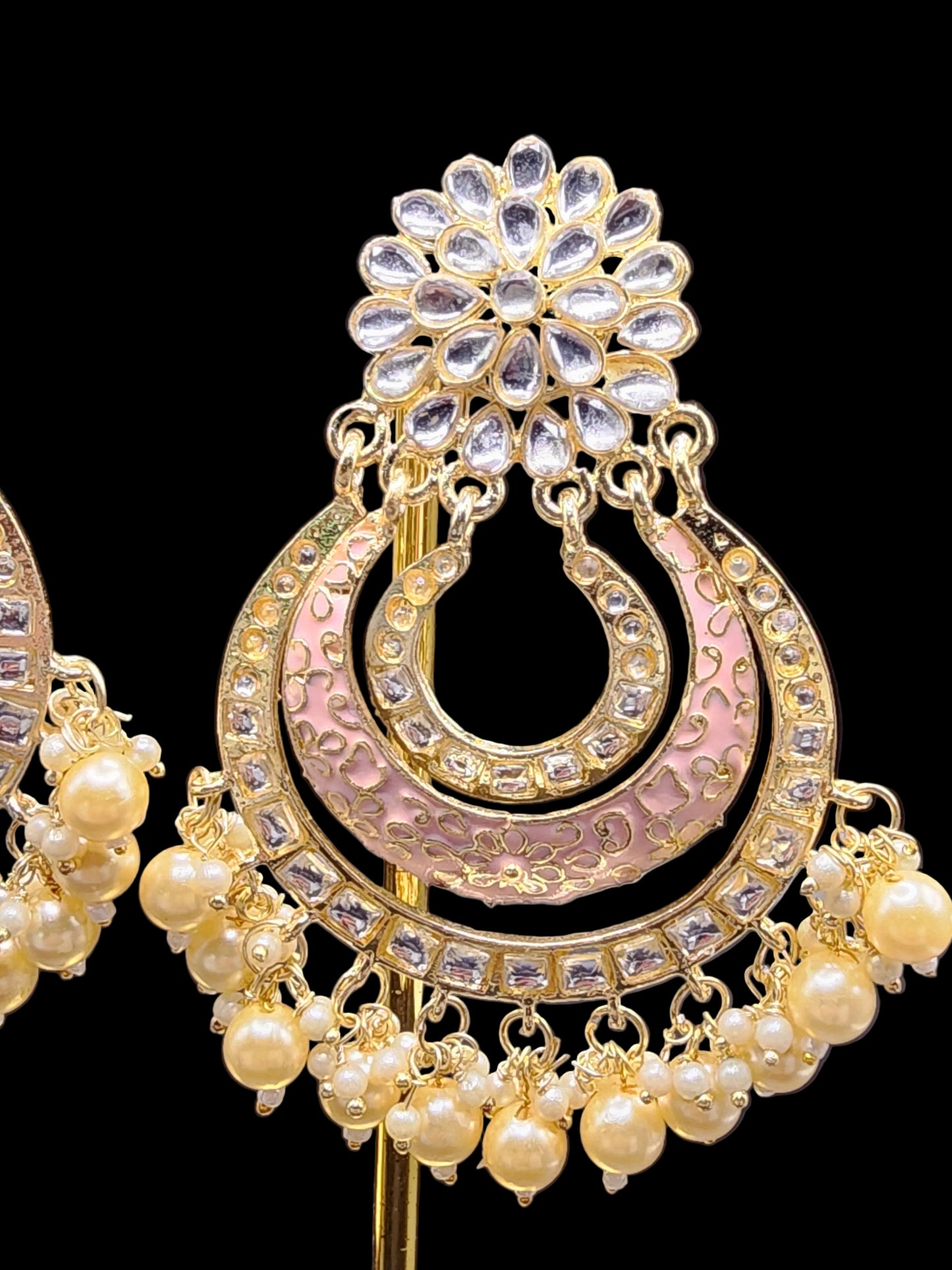 Blush Pink Kundan Chandbali Earrings | Pearl Drop Indian Statement Earrings