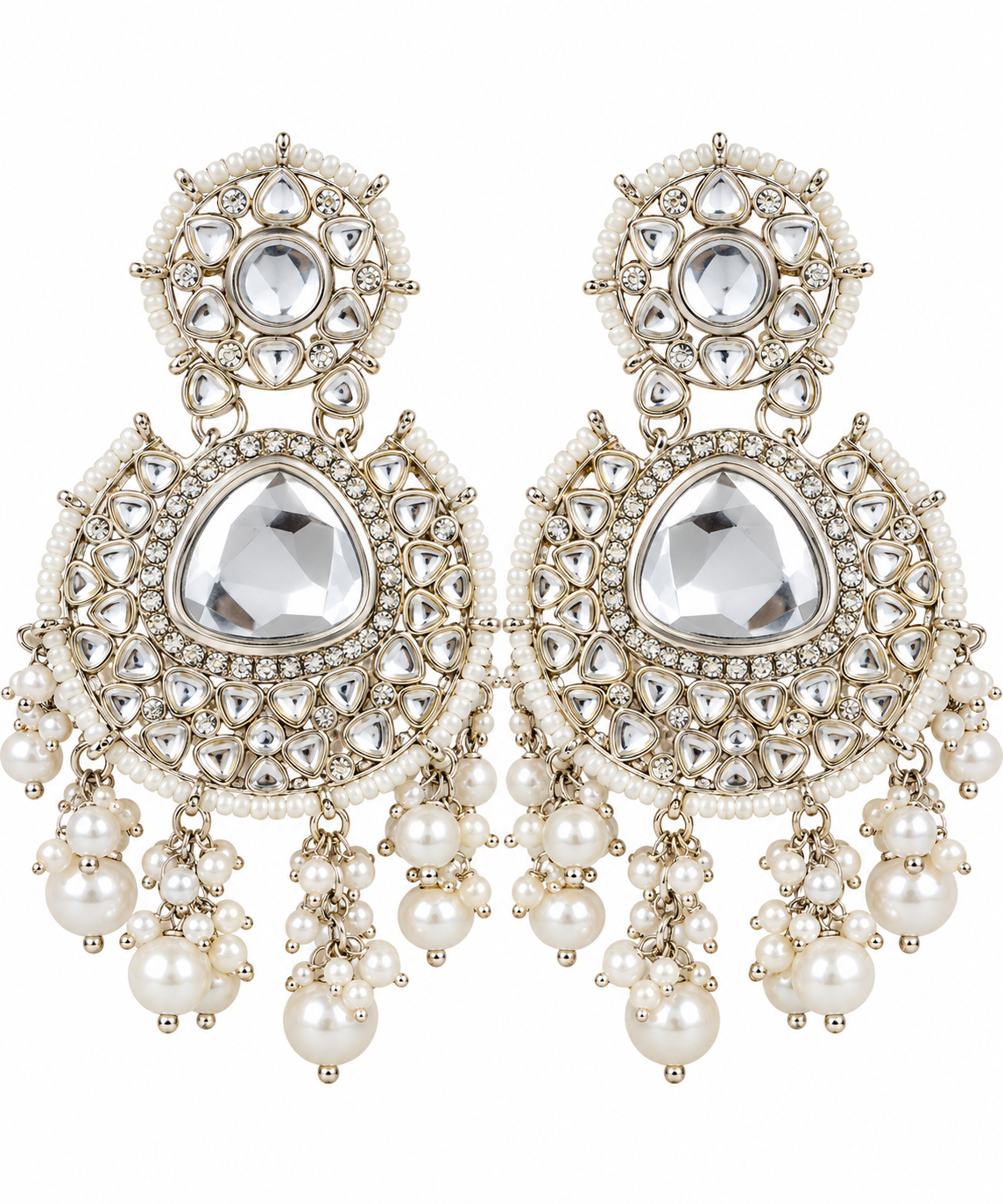 White gold tone Kundan-Style Pearl Statement Earrings