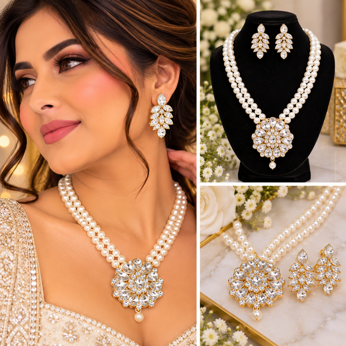 Pearl & Crystal Floral Statement Necklace Set | Gold-Tone Indian Jewelry