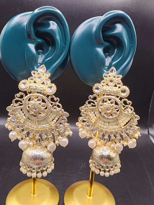 Gold Kundan Pearl Chandbali Jhumka Earrings | Indian Bridal & Festive Statement Earrings
