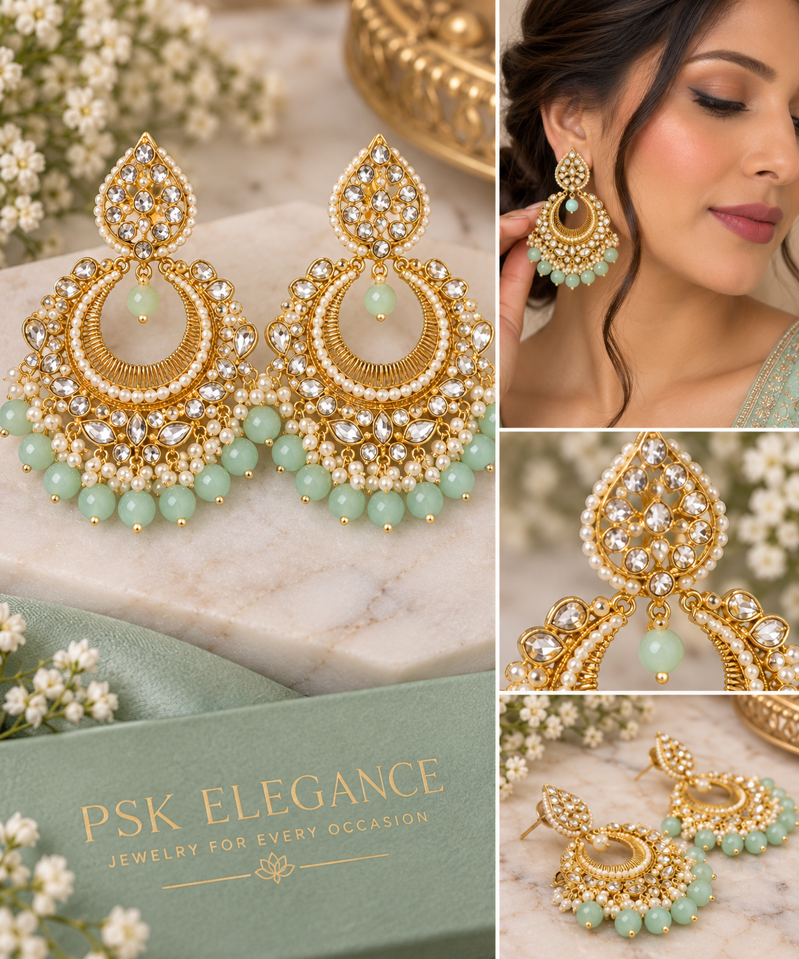 Mint Green & Gold Pearl Jhumka Earrings