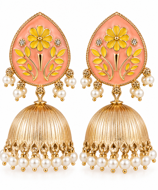 Peach Floral Meenakari Jhumka Earrings with Pearl Drops
