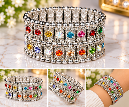 Multicolor Crystal Silver-Tone Statement Cuff Bracelet | PSK ELEGANCE