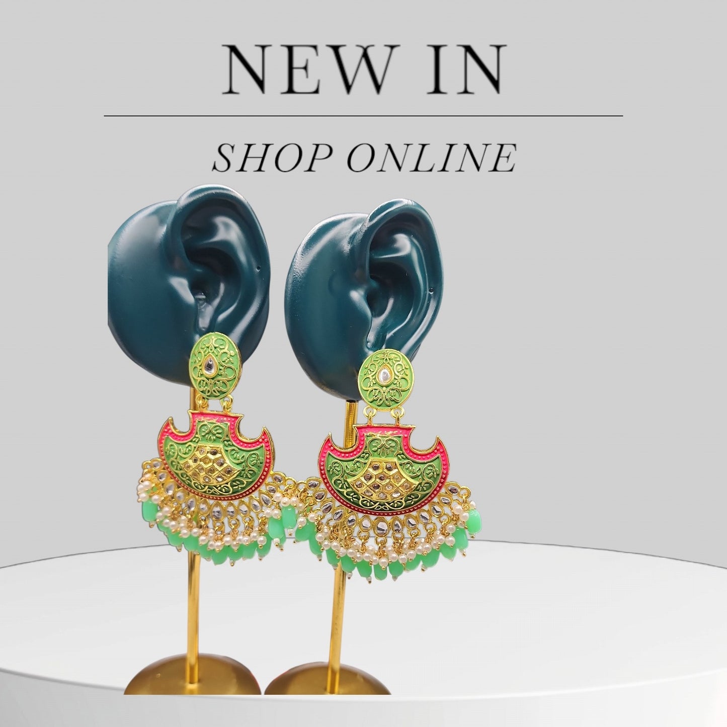 Green Pink Meenakari Chandbali Earrings | Pearl Bead Indian Statement Earrings