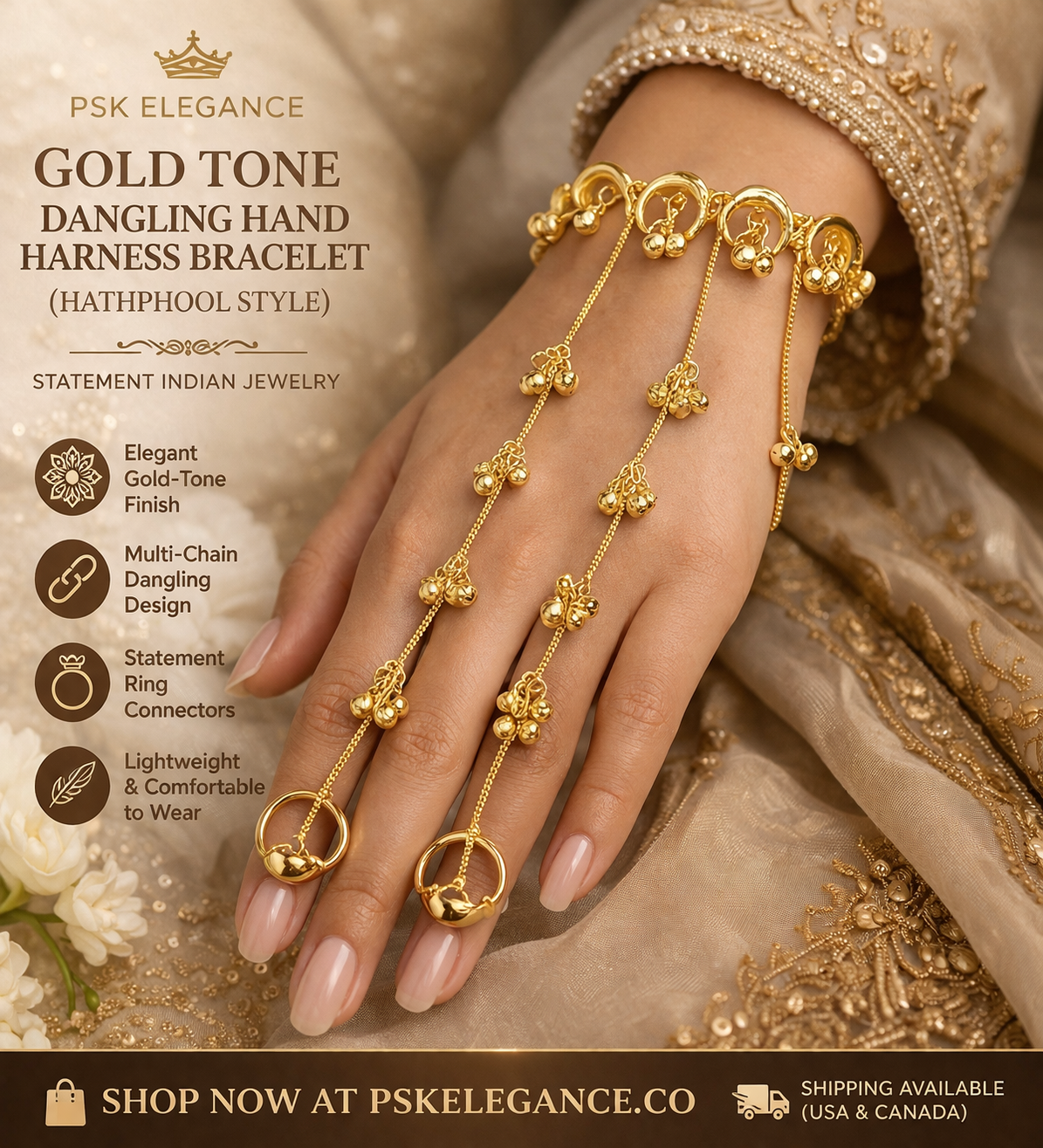 PSK ELEGANCE Gold Tone Statement Hand Harness (Hathphool Style) ✨