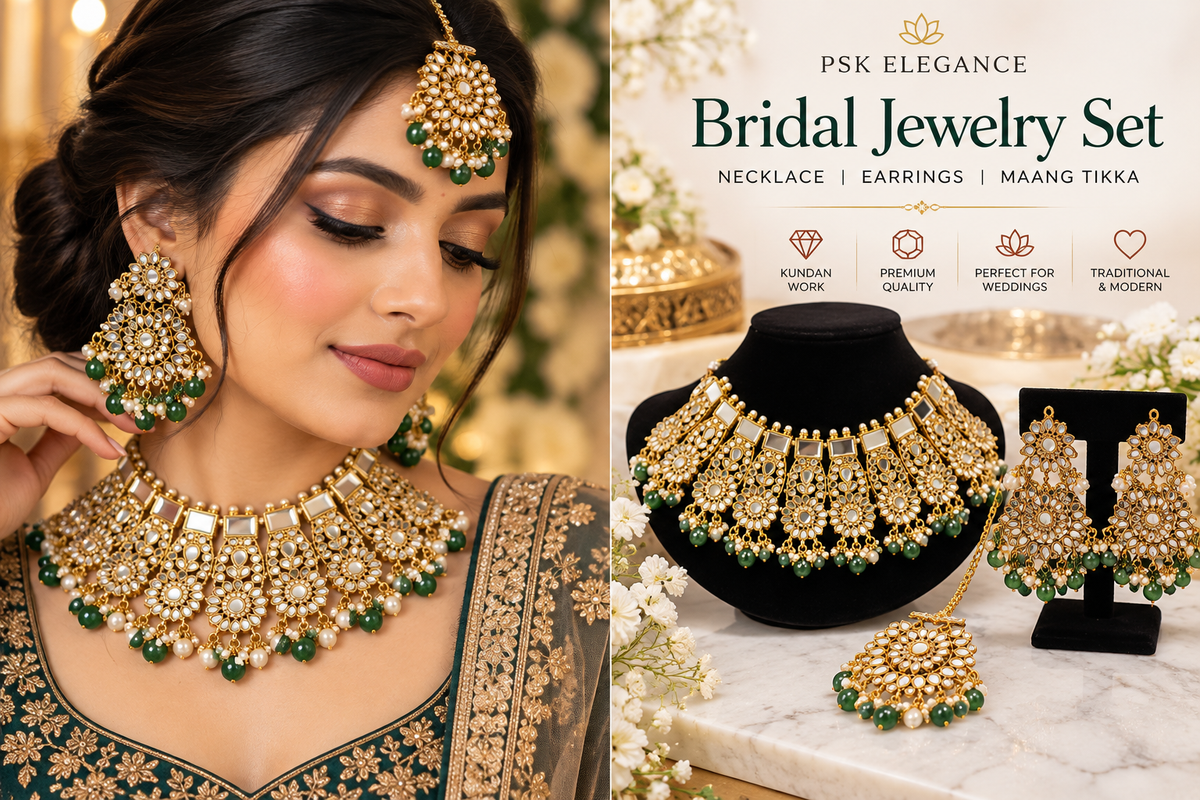 Gold Kundan Bridal Jewelry Set with Green Beads – Necklace, Earrings & Maang Tikka