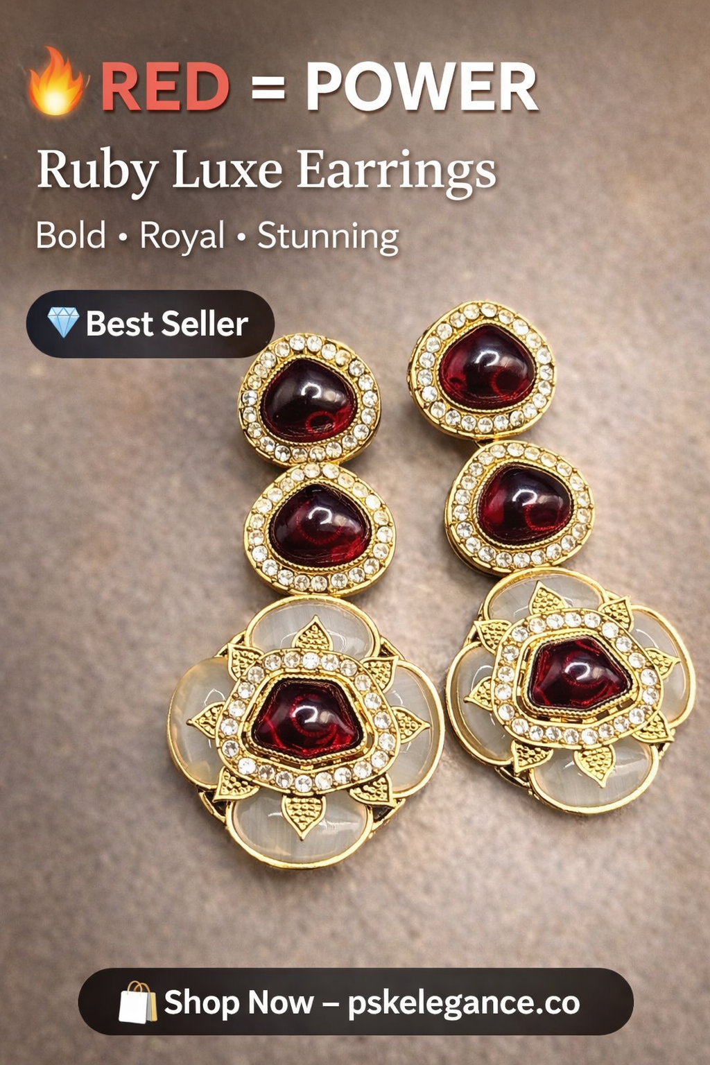 Ruby Kundan Statement Drop Earrings with Ivory Enamel Detail