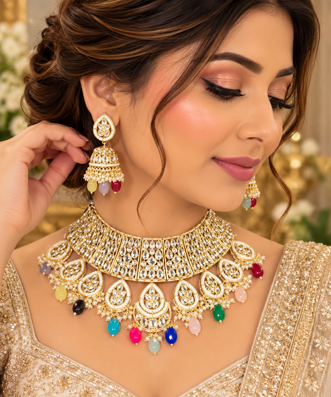 Multicolor Kundan Choker Necklace Set with Jhumka Earrings | Indian Bridal Jewelry