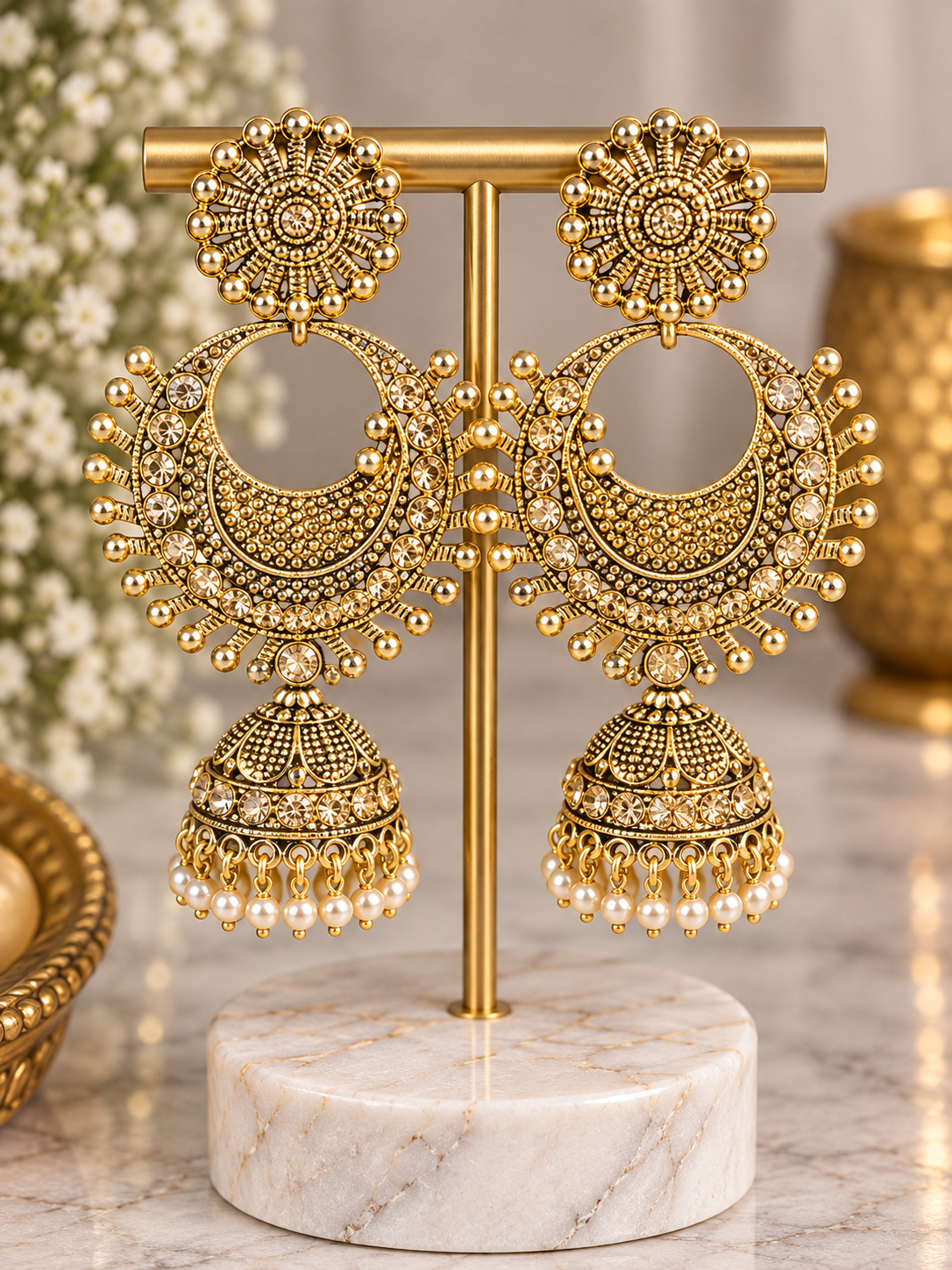 Antique Gold Jhumka Chandbali Earrings