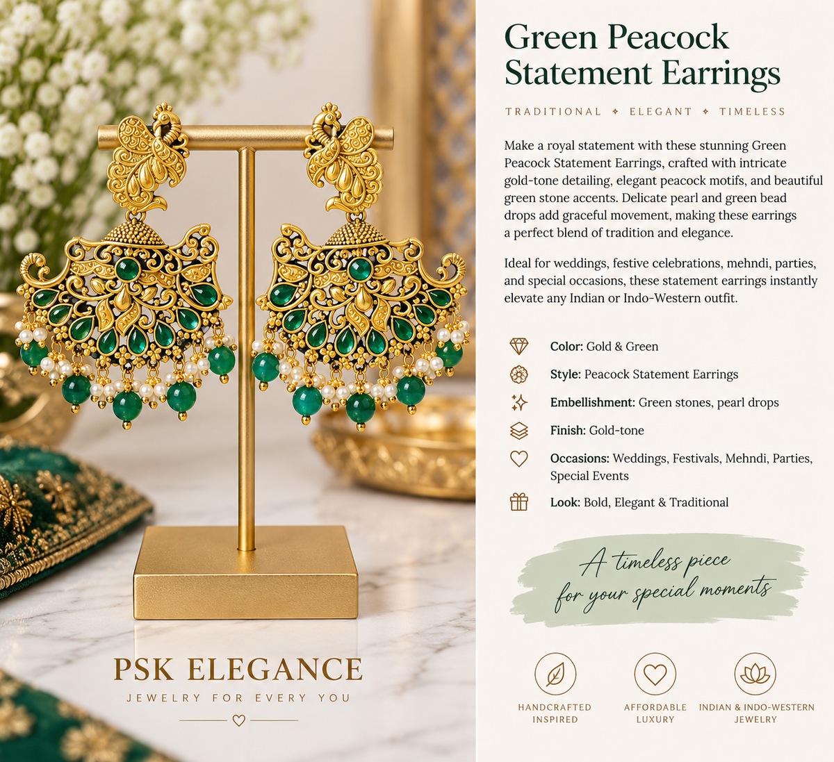 Green Peacock Statement Earrings