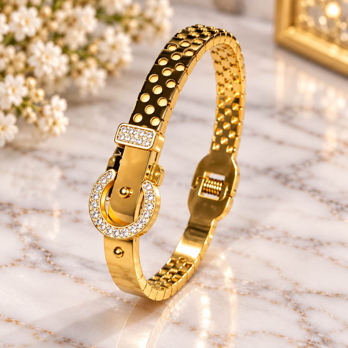 Gold-Tone Crystal Buckle Bangle Bracelet