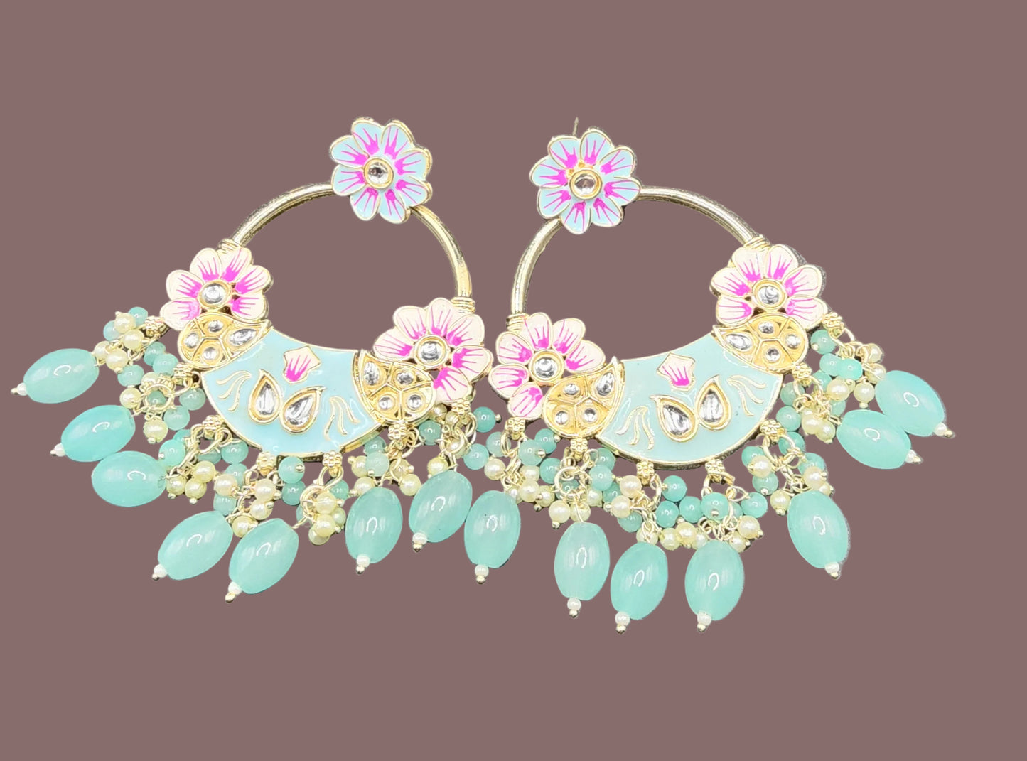 Pastel Floral Meenakari Statement Hoop Earrings with Mint Drops – Spring Luxe