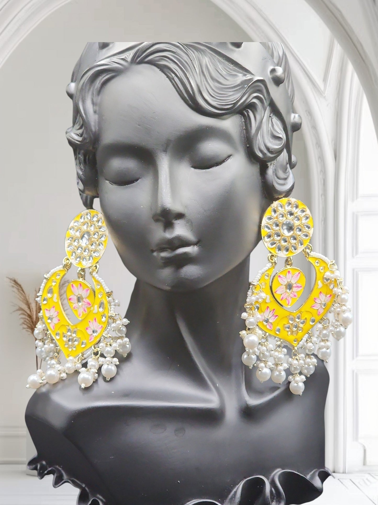 PSK ELEGANCE Yellow Meenakari Heart Chandbali Earrings | Floral Kundan Pearl Drop Statement Jewelry