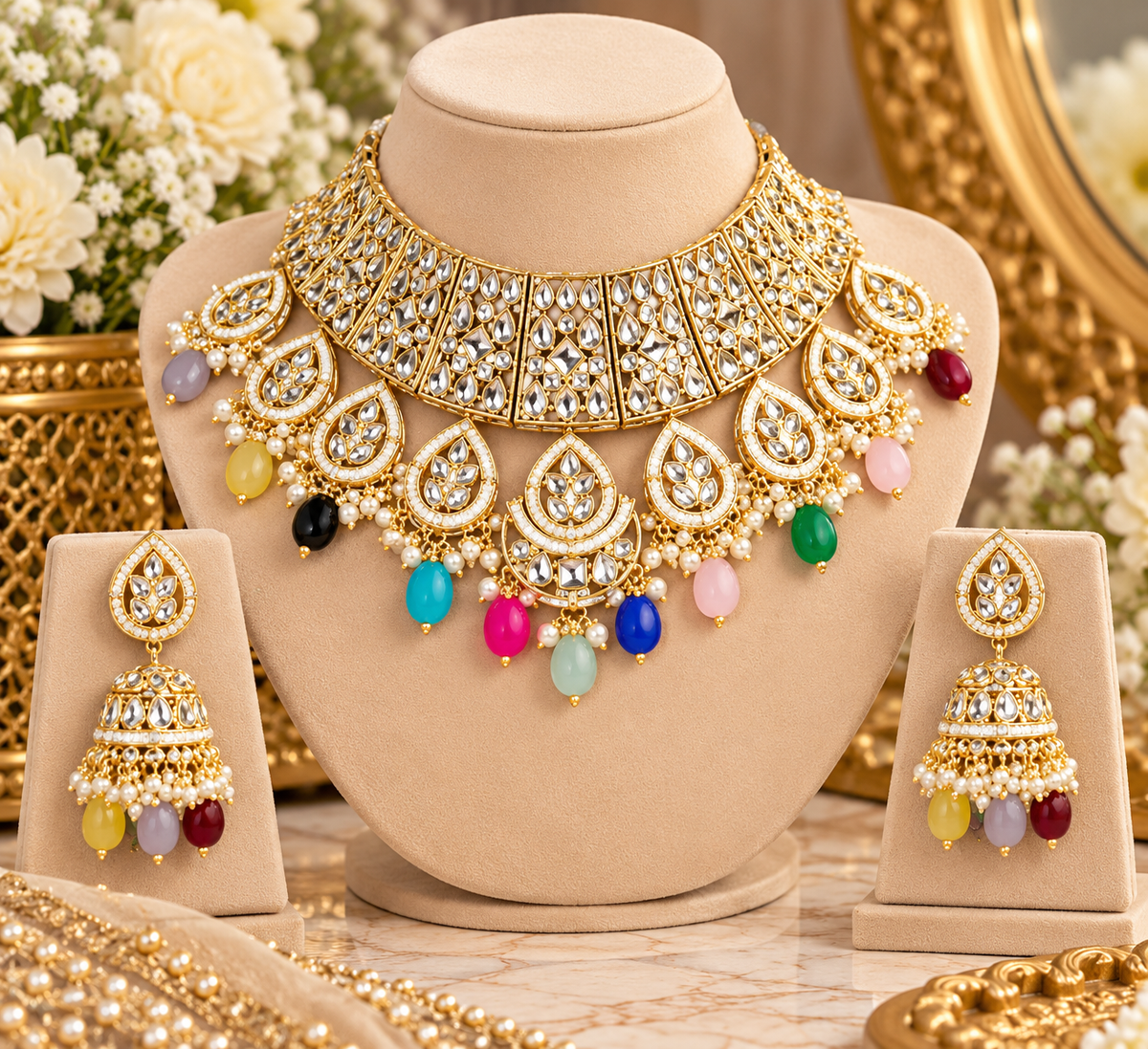 Multicolor Kundan Choker Necklace Set with Jhumka Earrings | Indian Bridal Jewelry