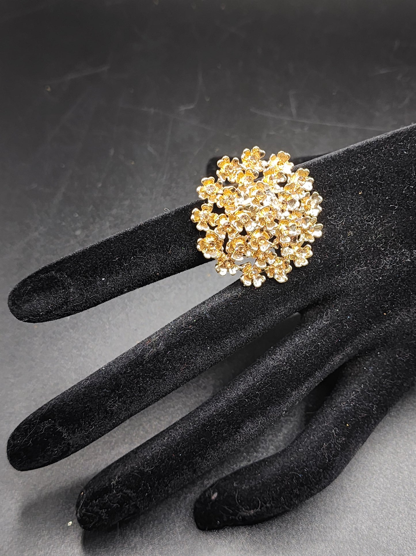 PSK ELEGANCE Gold Floral Cluster Statement Ring | Crystal Flower Adjustable Cocktail Ring for Women