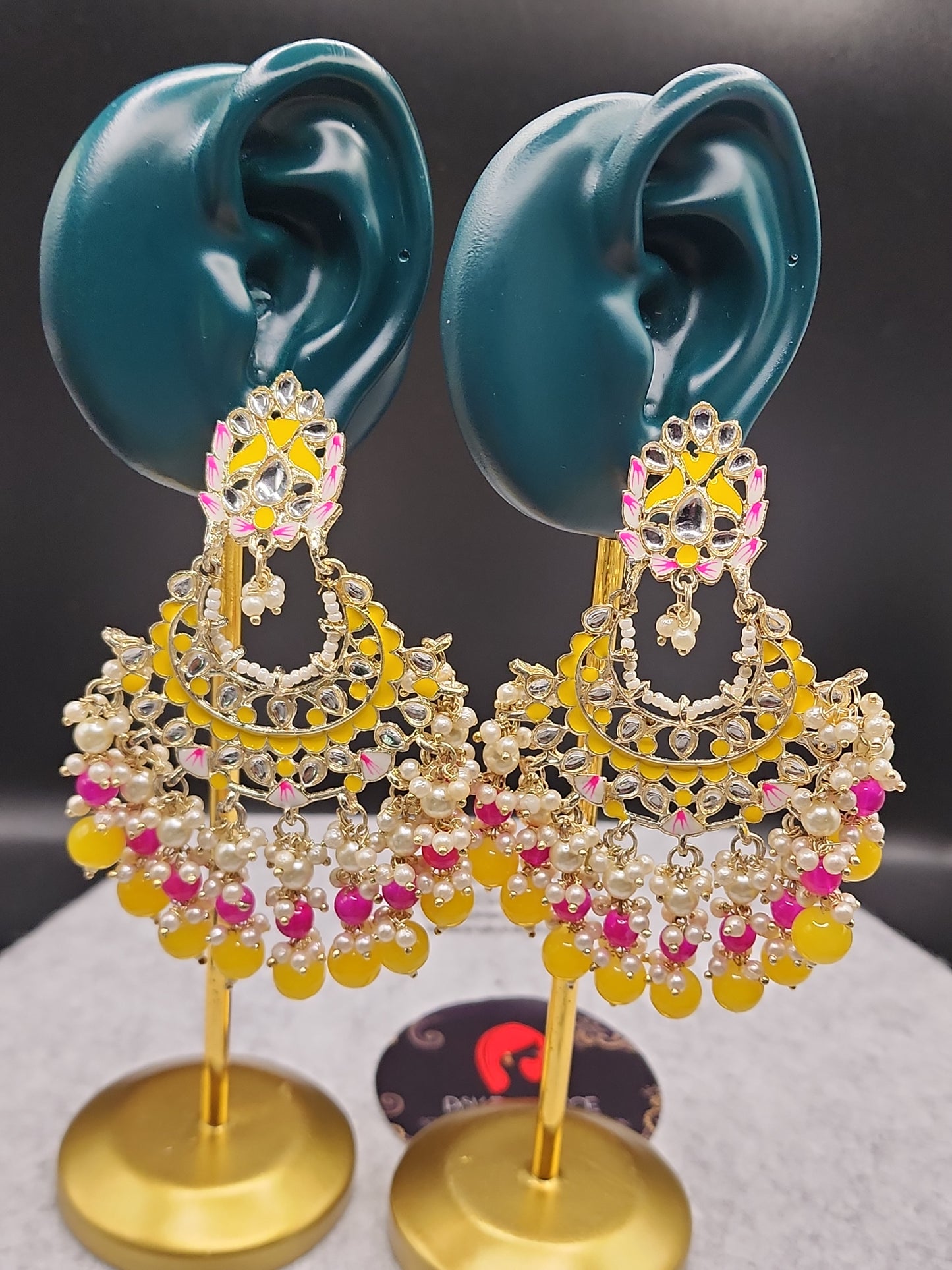 Yellow Pink Kundan Chandbali Earrings | Pearl Bead Indian Statement Earrings