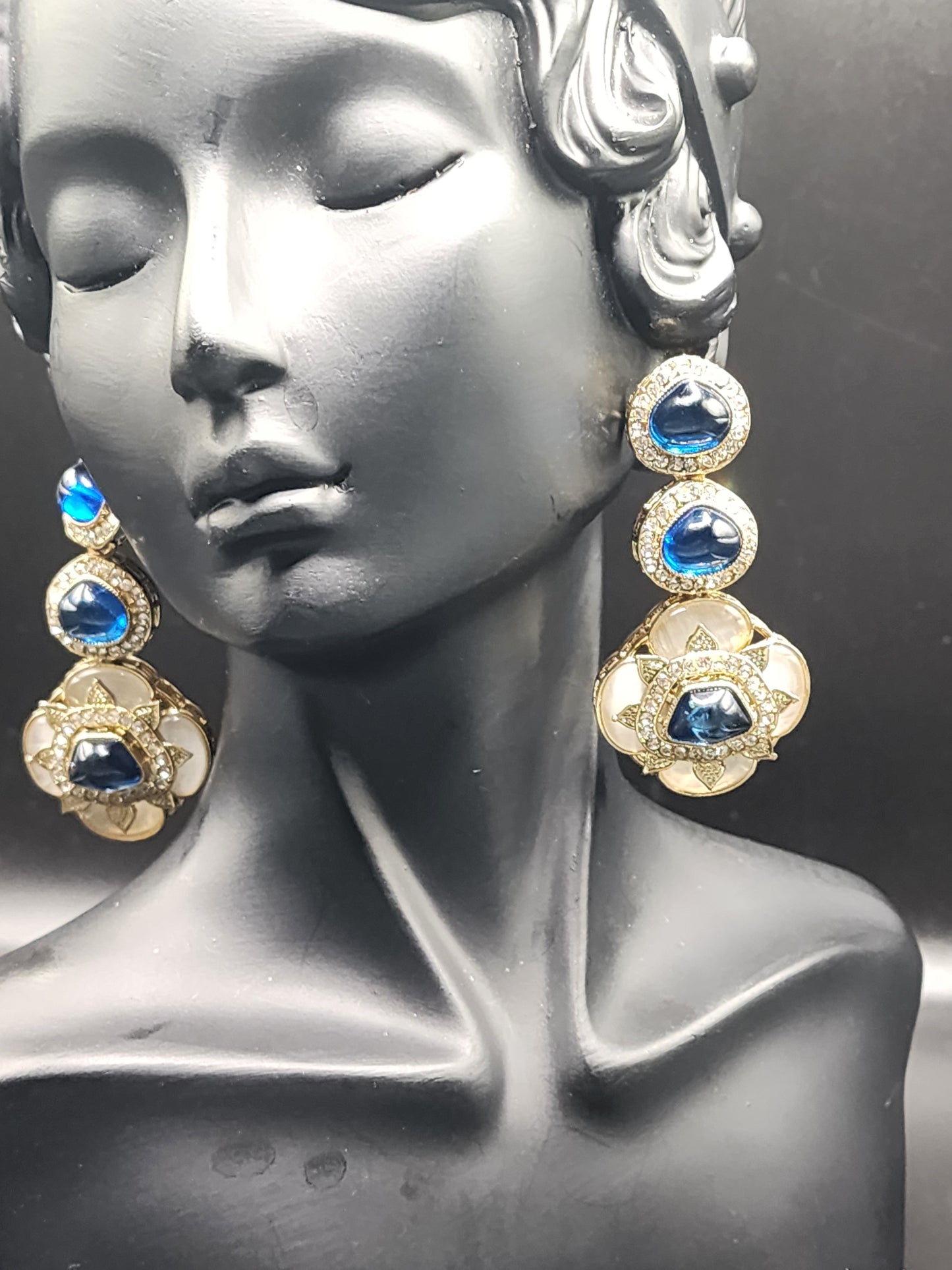 Sapphire Blue Kundan Floral Drop Earrings – Elegant Statement Luxe